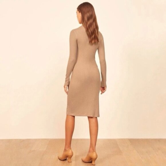 Reformation Wednesday Dress Midi Camel Tan Ribbed Long Sleeve Stretch Large - Picture 9 of 11